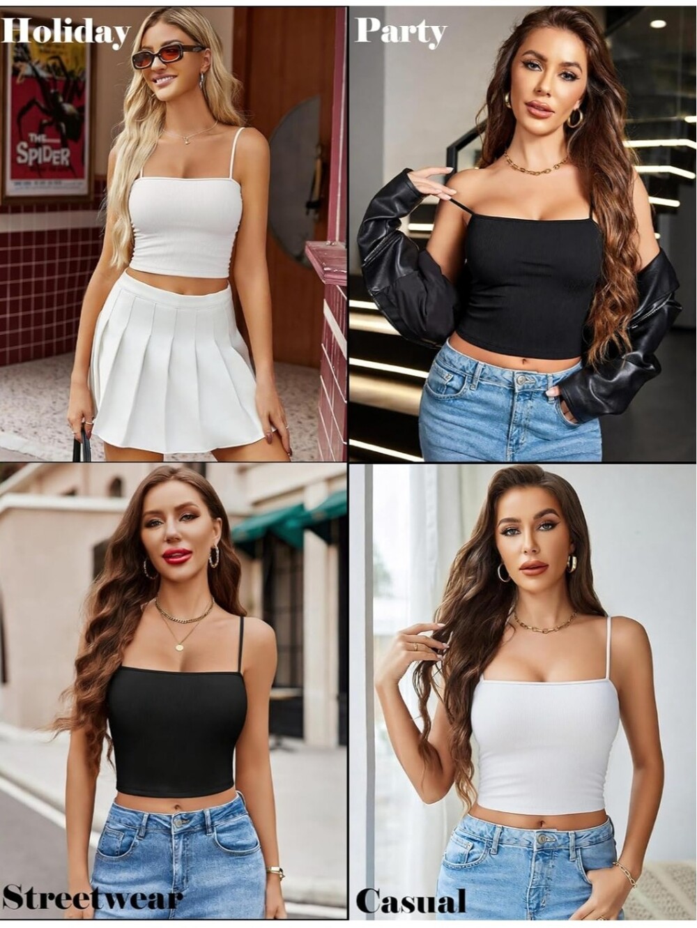 2 Spaghetti Strap Ribbed Crop Tops — Black & White, Large - Picture 10 of 10